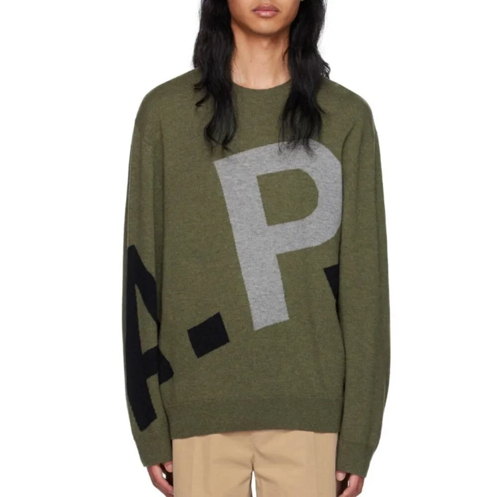 A.P.C. WOOL LOGO SWEATER IN KHAKI SIZE SMALL